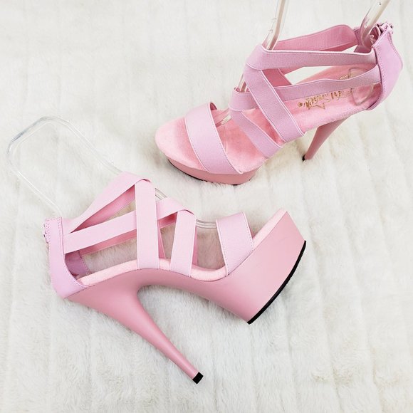 Pleaser Shoes - Baby Pink Elastic Strap Platform High Heel Shoes